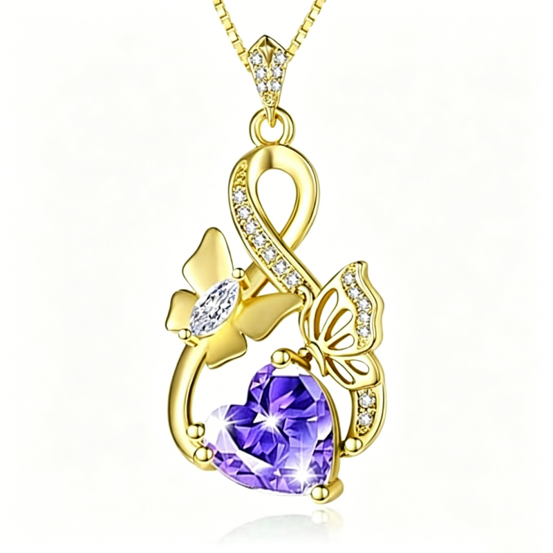 Heart Birthstone 14K  Gold Plated Butterfly Pendant Necklace for Women