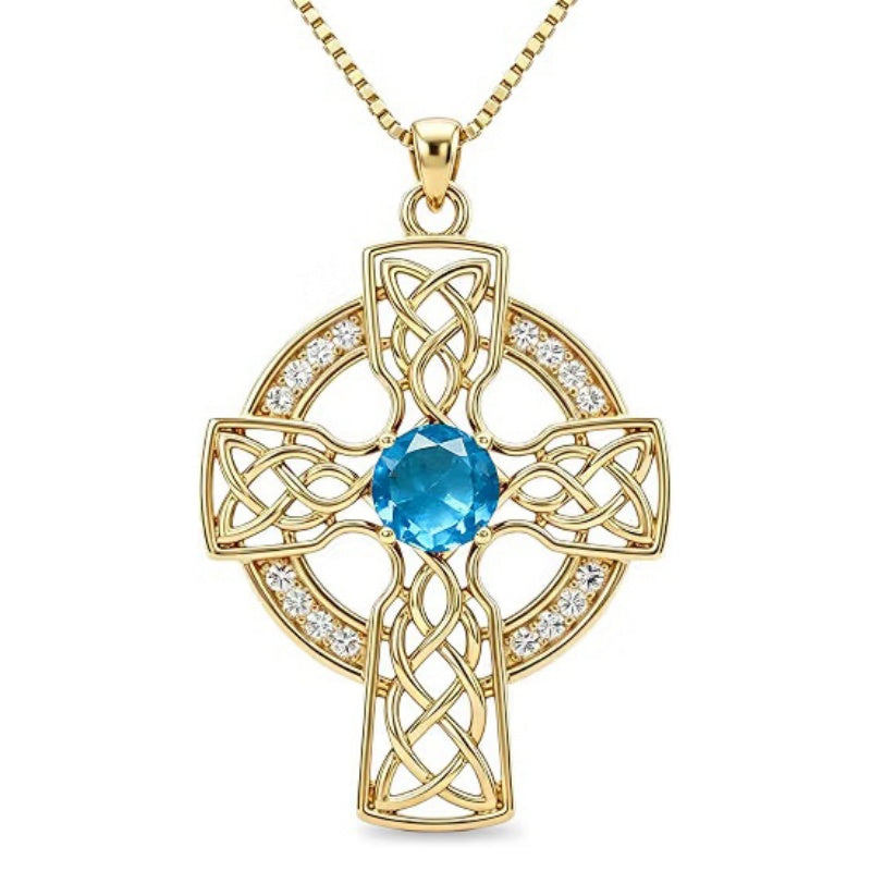 14K Gold Plated Birthstone Celtic Knotwork Cross Necklace for Women