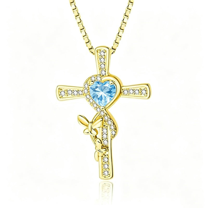 14K Gold Plated Birthstone Butterfly  Cross Pendant Necklace Anniversary Birthday for Her