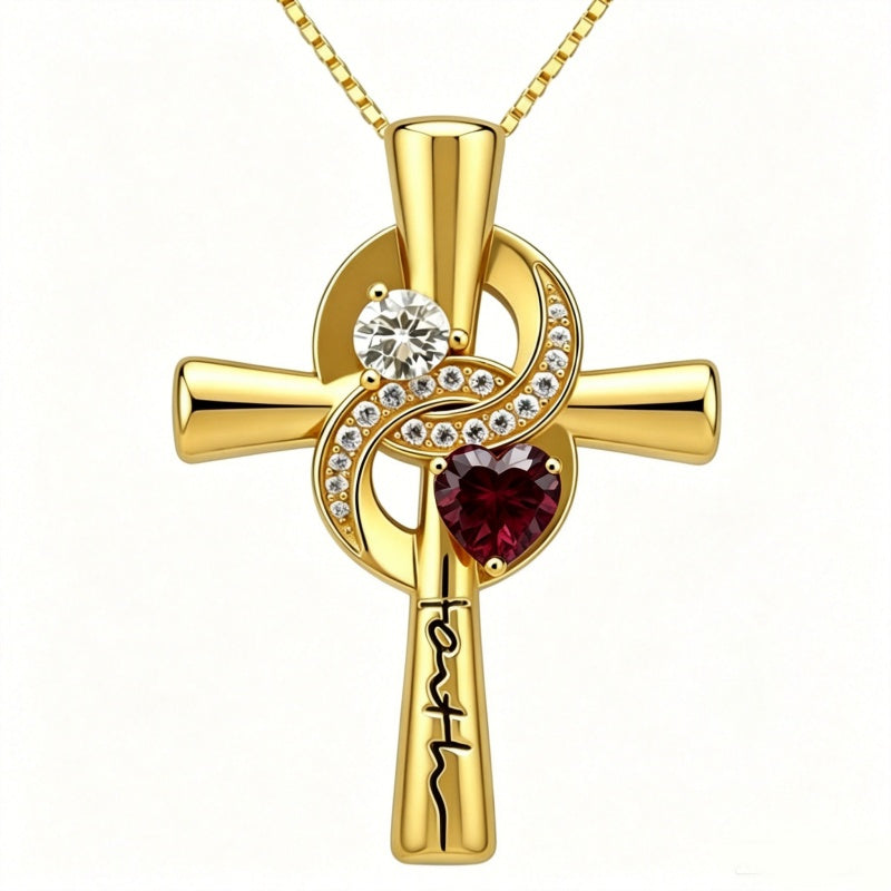 14K Gold Plated Dainty Heart Birthstone Pendant Cross Necklace for Women Religious Gift