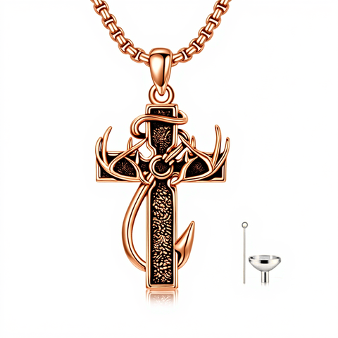 Sterling Silver Deer Antler Fish Hook & Cross Urn Necklace for Ashes