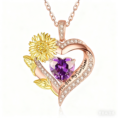 Sterling Sliver Birthstone Love Heart & Sunflower Pendant Necklace Engraved With You Are My Sunshine