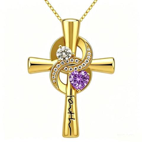 14K Gold Plated Dainty Heart Birthstone Pendant Cross Necklace for Women Religious Gift
