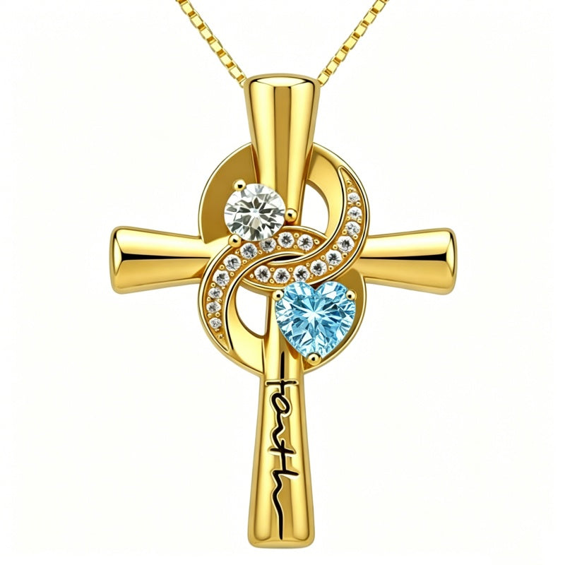 14K Gold Plated Dainty Heart Birthstone Pendant Cross Necklace for Women Religious Gift
