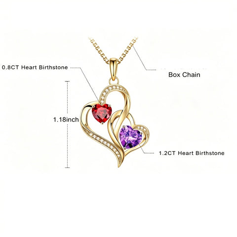 14K Gold Plated Double Heart Birthstone Necklace Anniversary Birthday Gifts