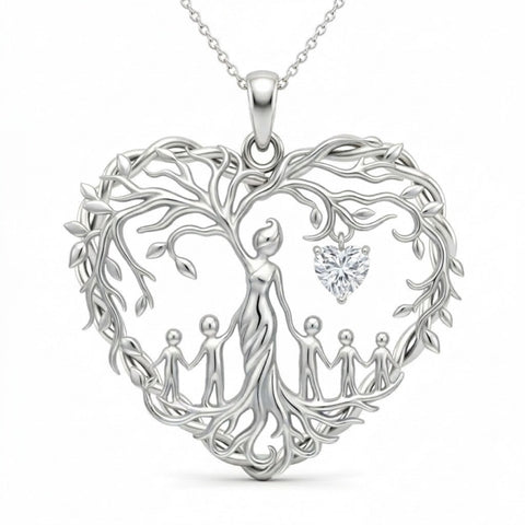 Sterling Silver Heart Pendant Birthstone Tree of Life Mother Child Family Necklace