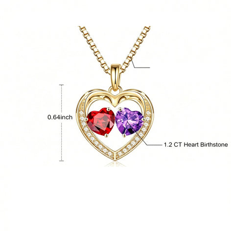 14K Gold Plated Double Heart Birthstone Necklace Anniversary Birthday Gifts for Women
