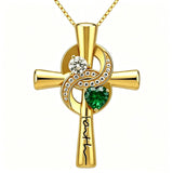 14K Gold Plated Dainty Heart Birthstone Pendant Cross Necklace for Women Religious Gift