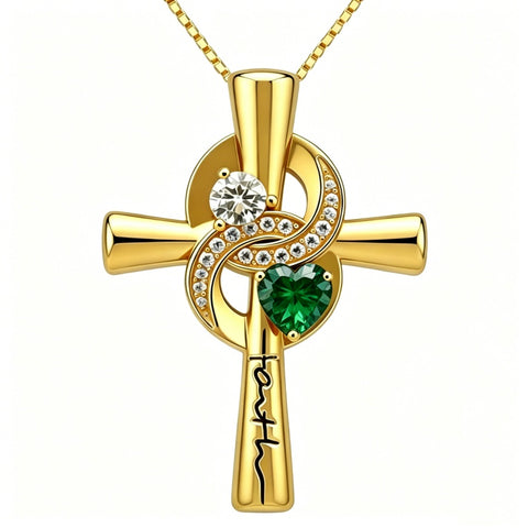 14K Gold Plated Dainty Heart Birthstone Pendant Cross Necklace for Women Religious Gift