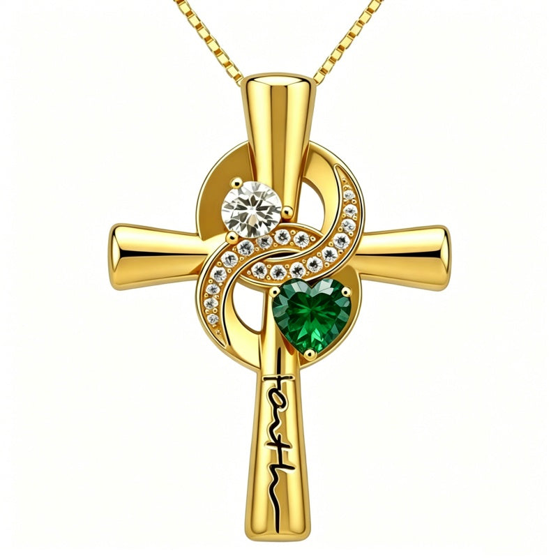 14K Gold Plated Dainty Heart Birthstone Pendant Cross Necklace for Women Religious Gift