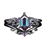 Sterling Silver Hexagon Gemstone Vintage Leaf Engagement Wedding Anniversary Ring Set