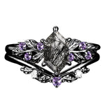 Sterling Silver Hexagon Gemstone Vintage Leaf Engagement Wedding Anniversary Ring Set