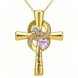 14K Gold Plated Dainty Heart Birthstone Pendant Cross Necklace for Women Religious Gift