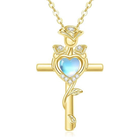 14K Gold Plated Birthstone Rose Cross Necklace for Women Faith Jewelry Gift