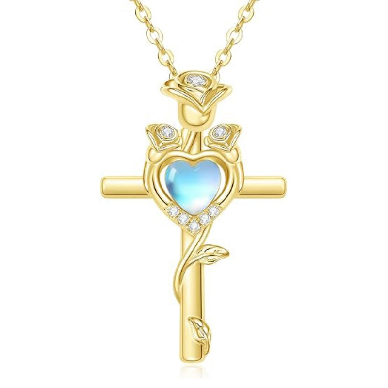 14K Gold Plated Birthstone Rose Cross Necklace for Women Faith Jewelry Gift