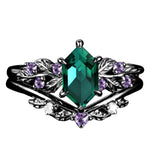 Sterling Silver Hexagon Gemstone Vintage Leaf Engagement Wedding Anniversary Ring Set