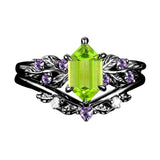 Sterling Silver Hexagon Gemstone Vintage Leaf Engagement Wedding Anniversary Ring Set