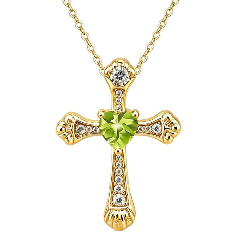 14K Gold Plated Heart Cut Cubic Zirconia Cross  Pendant Necklace For Women Religious Faith Jewelry