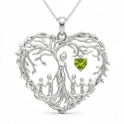 Sterling Silver Heart Pendant Birthstone Tree of Life Mother Child Family Necklace