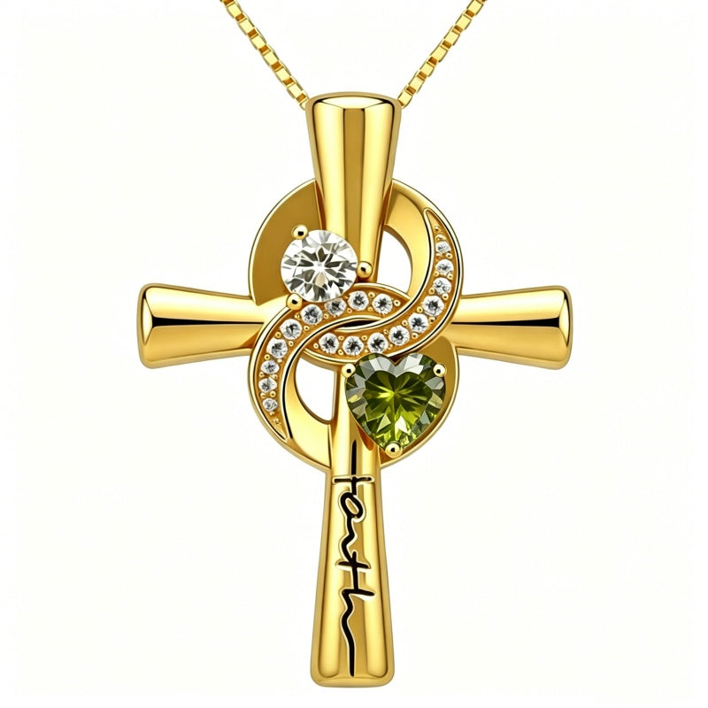 14K Gold Plated Dainty Heart Birthstone Pendant Cross Necklace for Women Religious Gift
