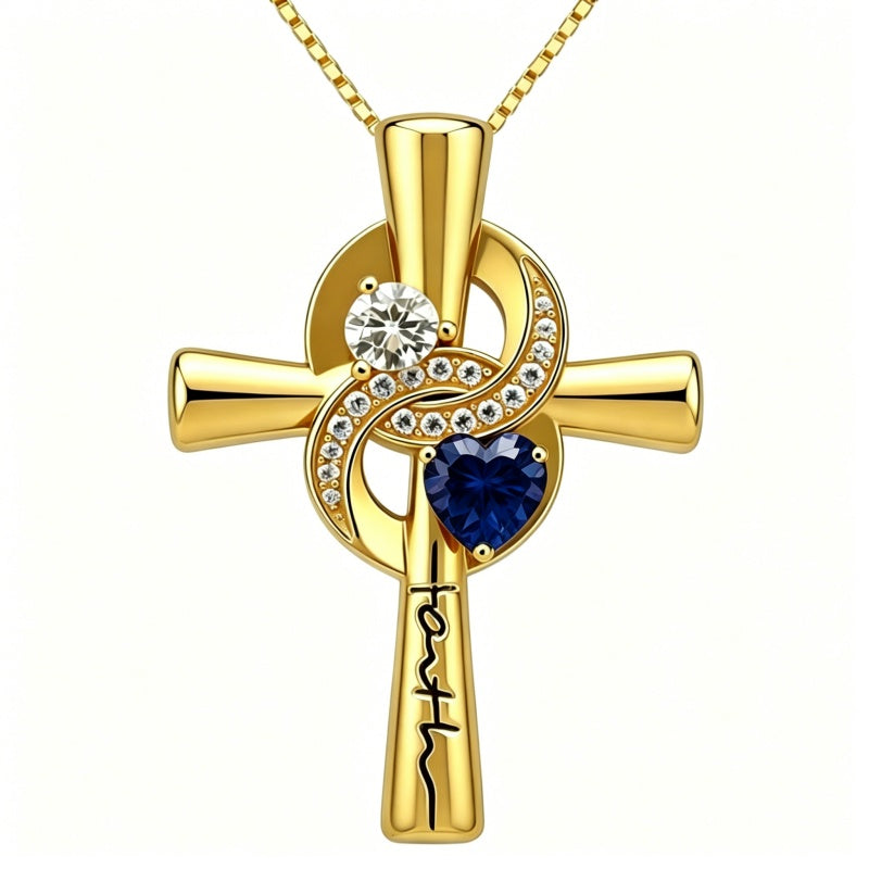 14K Gold Plated Dainty Heart Birthstone Pendant Cross Necklace for Women Religious Gift