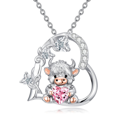 Sterling Silver Highland Cow Pendant Necklace Birthstone Necklace Gift for Women