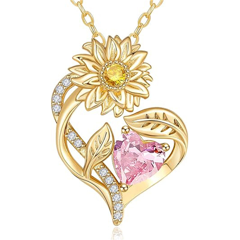 Sterling Sliver Birthstone Love Heart & Sunflower Pendant Necklace Engraved With You Are My Sunshine