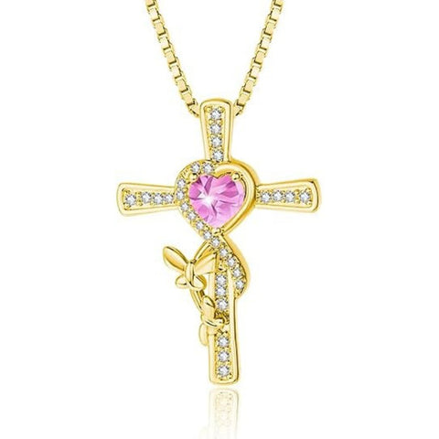 14K Gold Plated Birthstone Butterfly  Cross Pendant Necklace Anniversary Birthday for Her