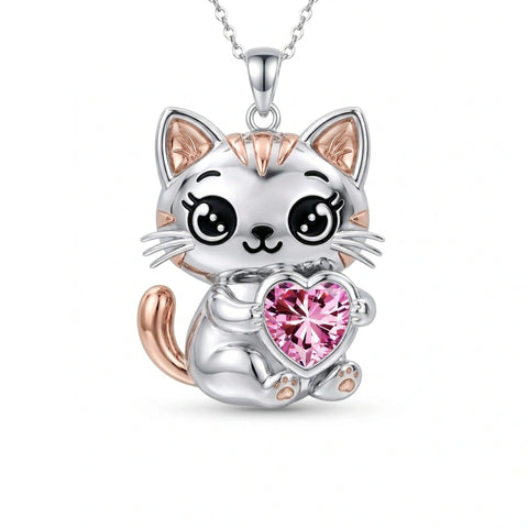 Sterling Silver 12 Month Birthstone Cat Pendant Necklace Birthstone Jewelry Gifts for Birthday