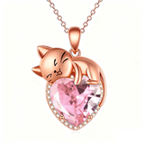Sterling Silver Heart Birthstone Cat Pendant Necklace