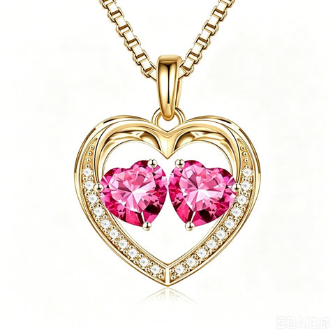 14K Gold Plated Double Heart Birthstone Necklace Anniversary Birthday Gifts for Women