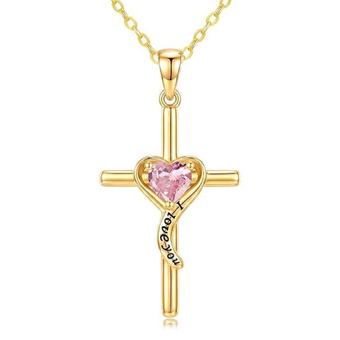 14K Gold Plated Dainty Heart Birthstone Pendant Cross Necklace for Women Religious Gift
