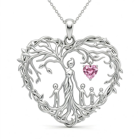 Sterling Silver Heart Pendant Birthstone Tree of Life Mother Child Family Necklace