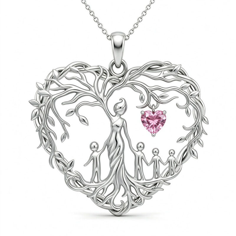 Sterling Silver Heart Pendant Birthstone Tree of Life Mother Child Family Necklace