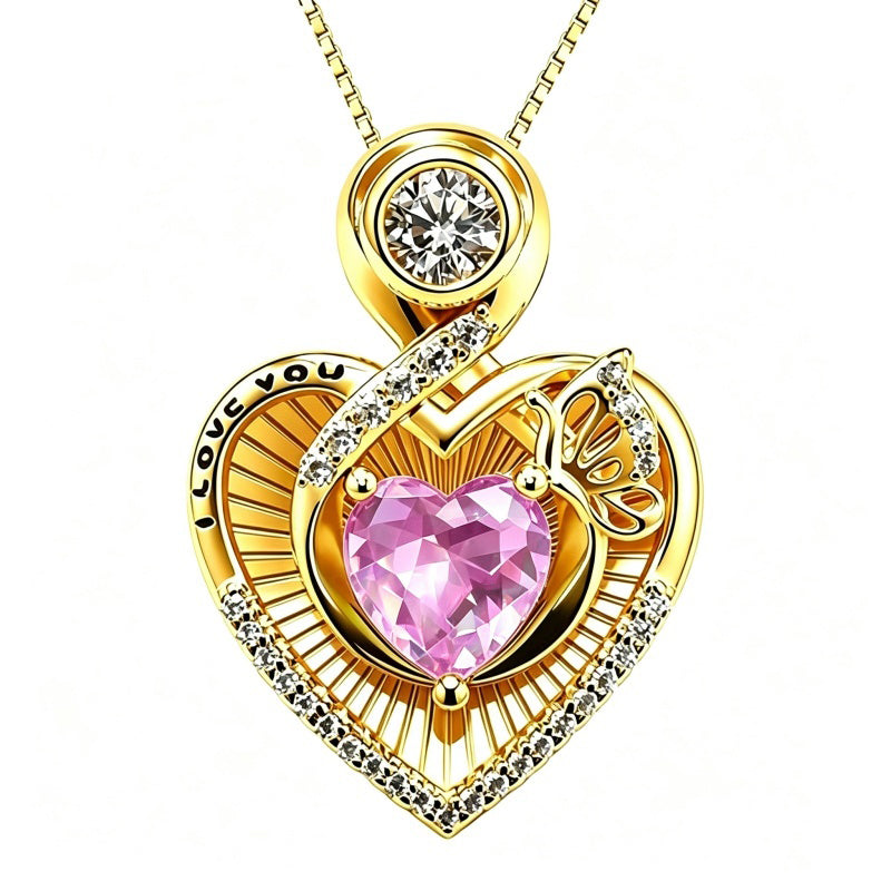 14K Gold Plated  Heart Birthstone Butterfly Necklace Engraved with  I Love You