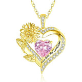 Sterling Sliver Birthstone Love Heart & Sunflower Pendant Necklace Engraved With You Are My Sunshine
