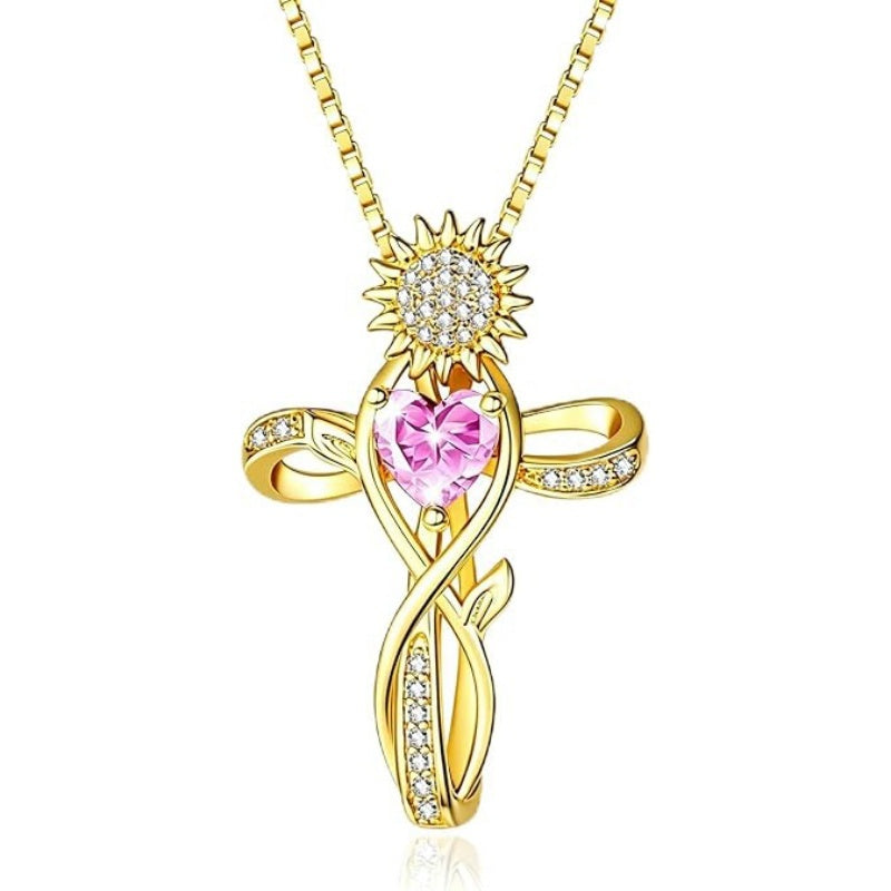 14K  Gold Plated 12 Color Birthstone Sunflower Cross Pendant  Necklace for Women Faith Cross Jewelry