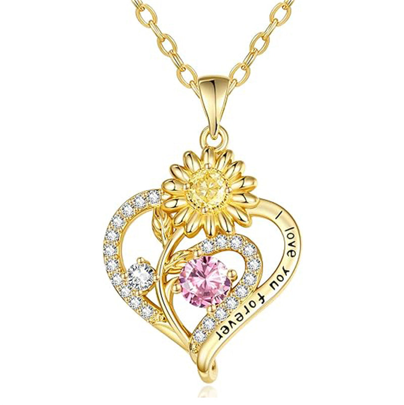 Sterling Sliver Birthstone Love Heart & Sunflower Pendant Necklace Engraved With You Are My Sunshine