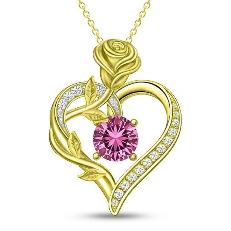 14K Gold Plated 12 Months Birthstone Rose Flower Pendant Necklace Anniversary Birthday Gift