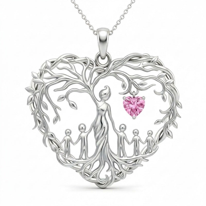 Sterling Silver Heart Pendant Birthstone Tree of Life Mother Child Family Necklace