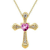 14K Gold Plated Heart Cut Cubic Zirconia Cross  Pendant Necklace For Women Religious Faith Jewelry