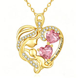 10K 14K 18K Gold Double Birthstone Heart Mother Son/Daughter Pendant Necklace for Mom