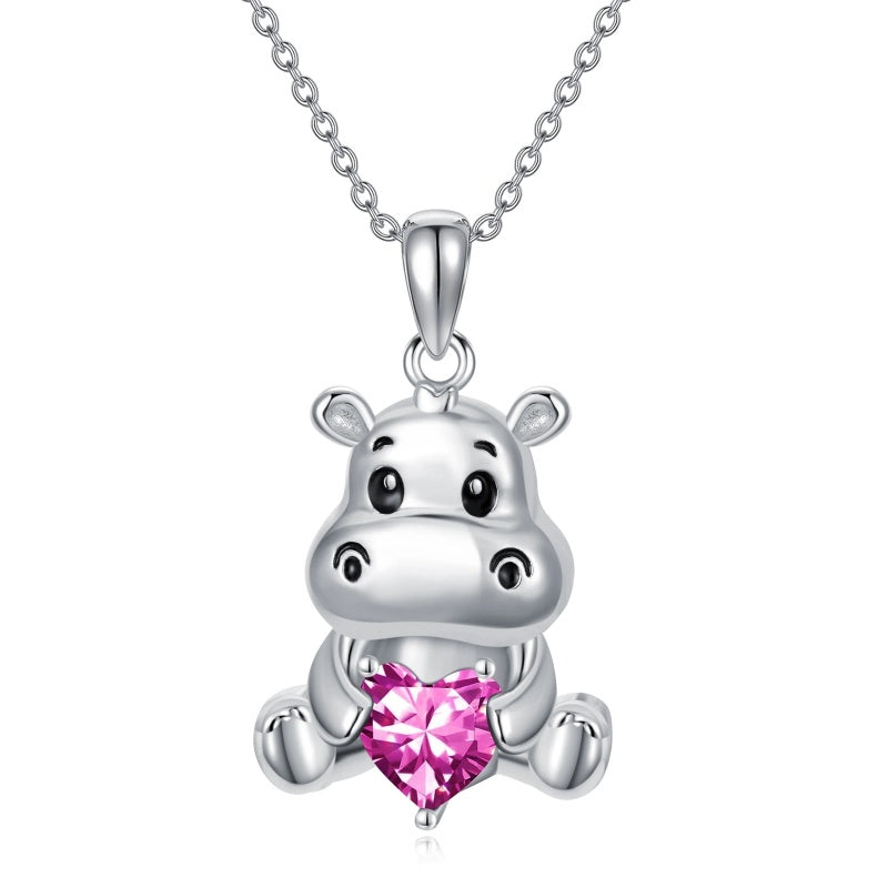 Sterling Silver Birthstone Hippo Pendant Necklace Birthday Christmas Gift