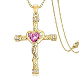 14K Gold Plated Heart Cut Cubic Zirconia Cross  Pendant Necklace For Women Religious Faith Jewelry