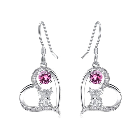 Sterling Silver Birthstone Highland Cow Dangle Earrings
