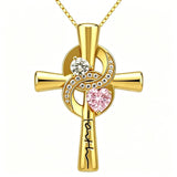 14K Gold Plated Dainty Heart Birthstone Pendant Cross Necklace for Women Religious Gift