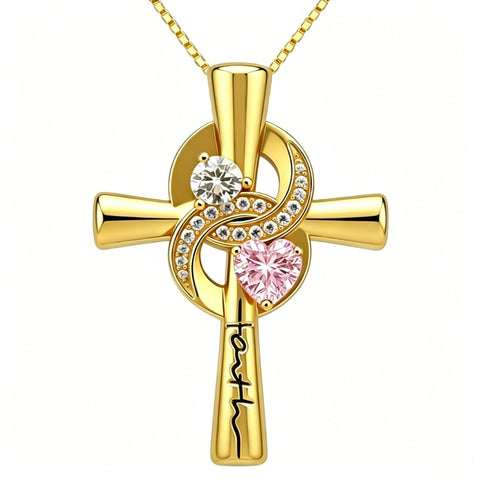 14K Gold Plated Dainty Heart Birthstone Pendant Cross Necklace for Women Religious Gift
