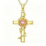Birthstone Cross 14K Gold Plated Pendant Rose Cross Necklace for Women