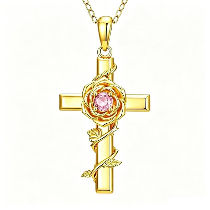 Birthstone Cross 14K Gold Plated Pendant Rose Cross Necklace for Women