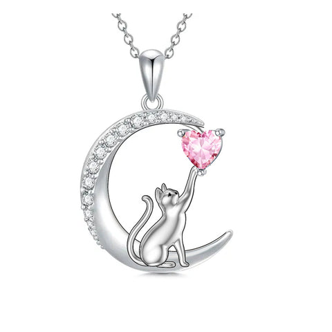 Sterling Silver Heart Birthstone Cat Pendant Necklace